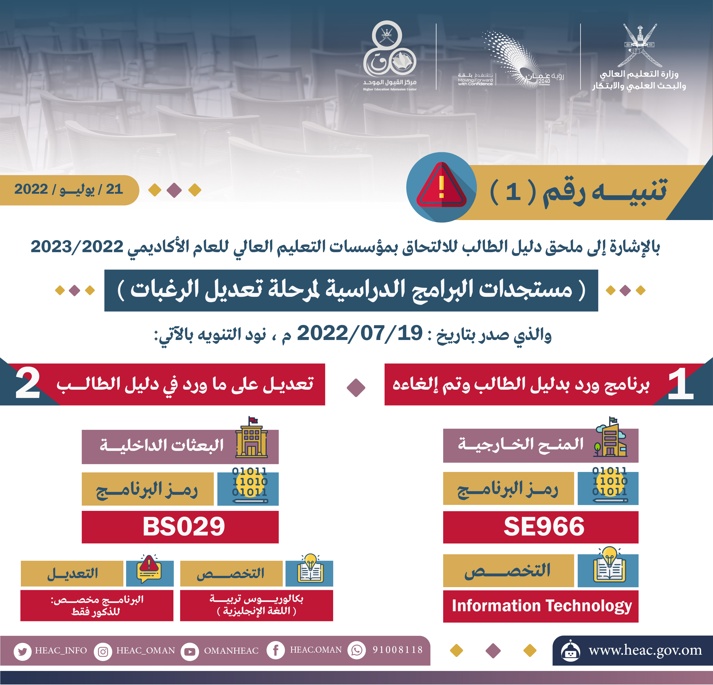 تنبيه رقم 1: مستجدات البرامج الدراسية لمرحلة تعديل الرغبات